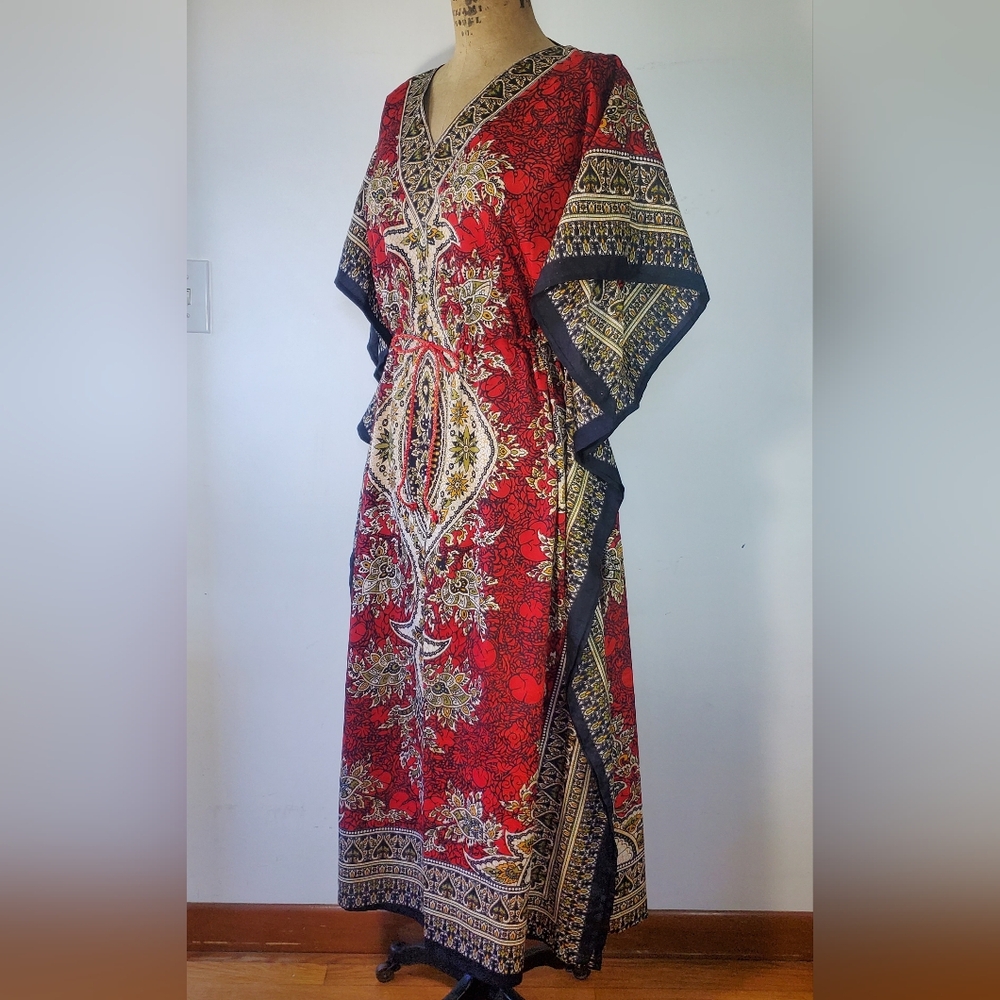 Cute Options Kaftan OS Drawstring Maxi Dress Paisley Boho Cover-up Red One Size - Picture 3 of 11